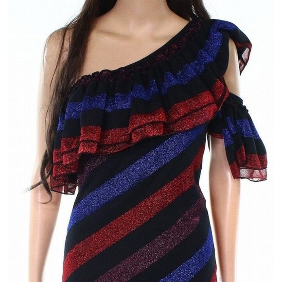 Diesel women's S small one shoulder striped sparkle shimmer ruffle party dress - Picture 3 of 4